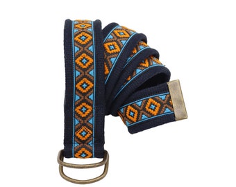 vintage unisex d ring canvas southwest aztec design belt,canvas navy blue belt