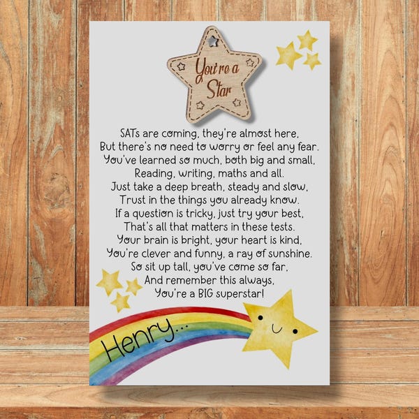 SATs Test Gift ~ SATs Tests Poem Card ~ Exam Gift ~ GCSE Gift ~ SATs Encouragement ~ You're a Star Wooden Token ~ Exam Good Luck Card