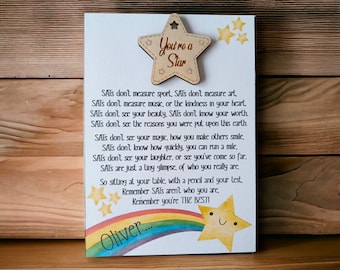 SATs Test Gift ~ SATs Tests Poem Card ~ Exam Gift ~ GCSE Gift ~ SATs Encouragement ~ You're a Star Wooden Token ~ Exam Good Luck Card