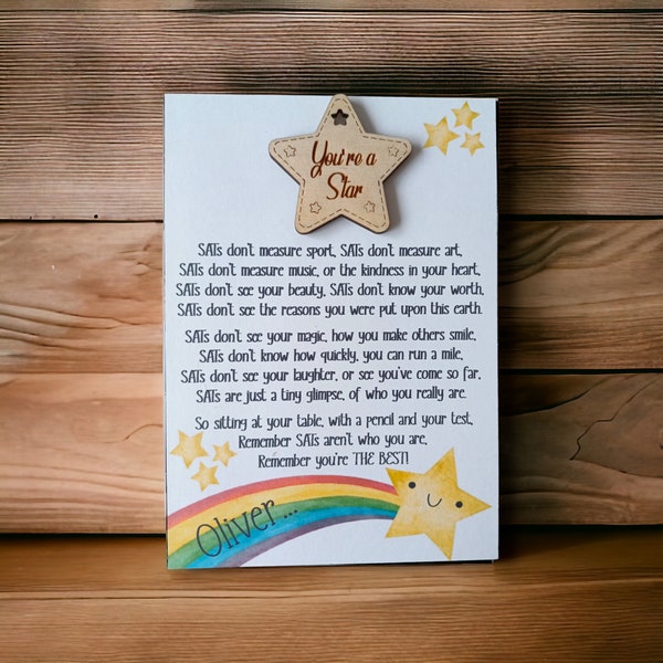 SATs Test Gift ~ SATs Tests Poem Card ~ Exam Gift ~ GCSE Gift ~ SATs Encouragement ~ You're a Star Wooden Token ~ Exam Good Luck Card