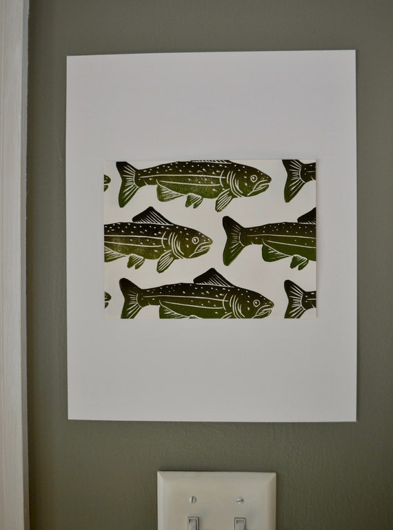 Original Trout Block Print in Color 6x8