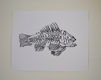 Original Black Fish Skeleton Silkscreen Print