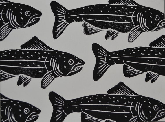 Original Trout Block Print in Color 6x8