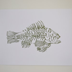 Original Light Olive Green Fish Skeleton Silkscreen Print