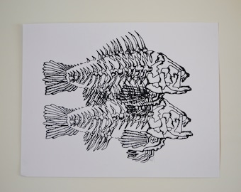 May include: Black and white line drawing of two fish skeletons, one on top of the other. The fish are drawn in a stylized, abstract manner.
