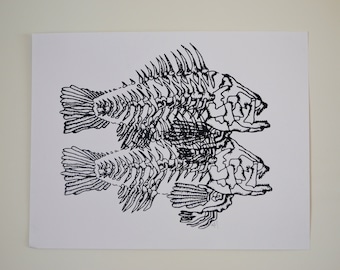 Original Double Fish Skeleton Silkscreen Print