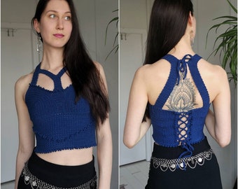 Electric blue organic crochet halter top with corset-style back S/M