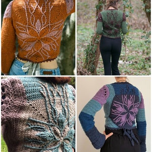 May include: Four different crochet tops with a floral design on the back. The tops are in various colors, including brown, green, blue, and purple.