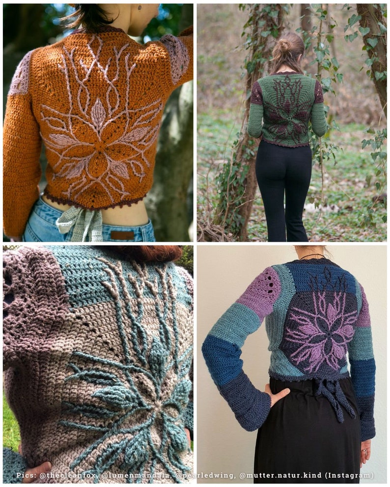 May include: Four different crochet tops with a floral design on the back. The tops are in various colors, including brown, green, blue, and purple.