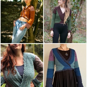 May include: Four different crochet tops in various colors and patterns. The tops are all wrap style and have long sleeves. The tops are shown being worn by different people.