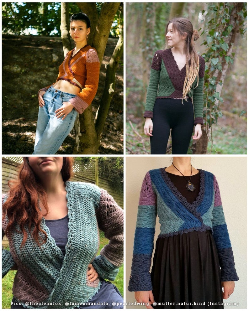 May include: Four different crochet tops in various colors and patterns. The tops are all wrap style and have long sleeves. The tops are shown being worn by different people.