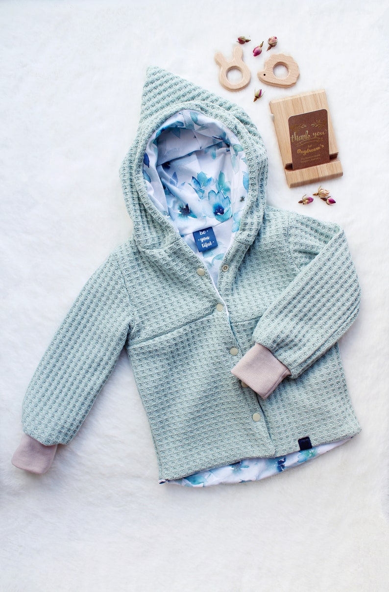 Cute Baby Zip Jacket Knit /& Jersey Flowers Blue Watercolor Unique handmade cozy Size 86 Baby jacket for transition Coat Spring Summer