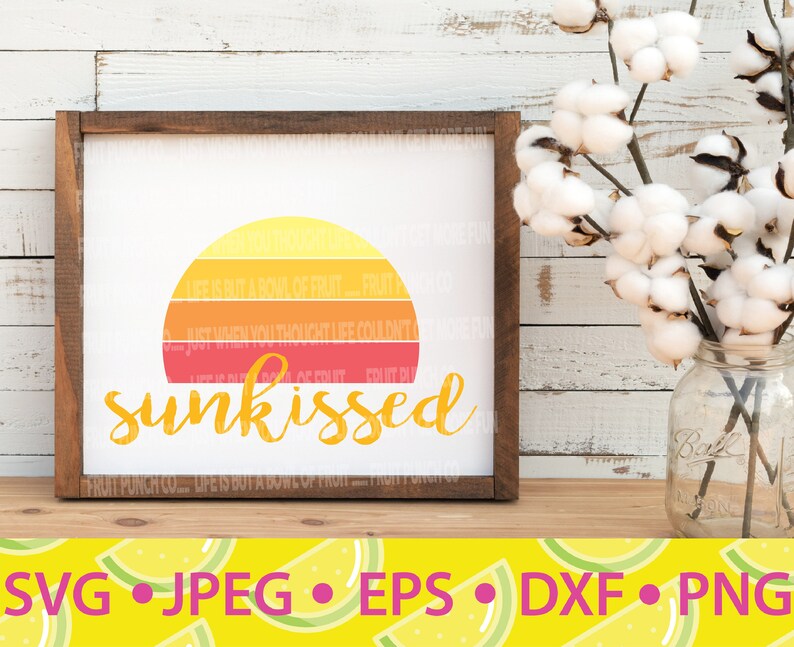 May include: A digital download of a sun-kissed sunset graphic with the text "sunkissed" in a retro style. The graphic is in shades of orange, yellow, and red. The text is in a yellow font. The graphic is perfect for use in crafting projects, such as creating t-shirts, mugs, and home decor.