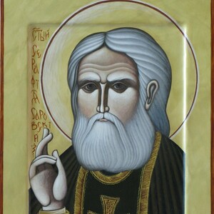 Hand painted icon of Saint Seraphim of Sarov, Baptism Orthodox gift, icons of russian saints, gift for godson, Ukrainian icon