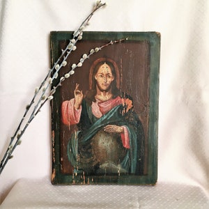 Antique 19c Old Orthodox Icon Rare Antique Original Icon Old Ukrainian Folk Icon of the Jesus Christ