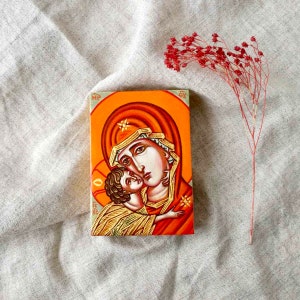 Miniature hand painted Icon  &quot;Vladimir Mother of God&quot;. Orthodox ukrainian icon Theotokos.  Christian mother’s day gift.