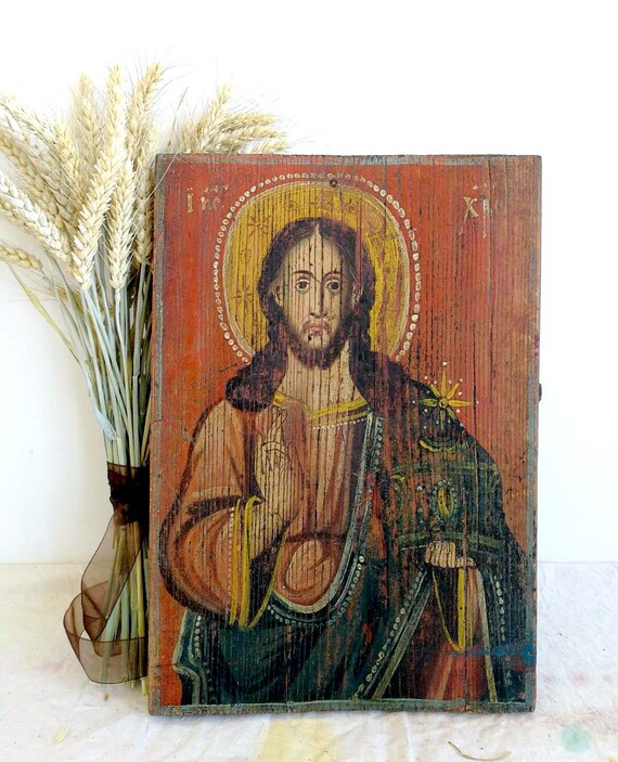 Antique 19c Old Orthodox Icon Rare Antique Original Icon Old Ukrainian Folk Icon of the Jesus Christ