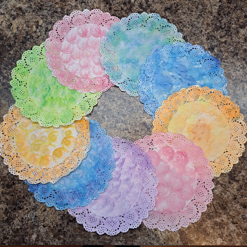 9 Hand Painted Paper Doilies Pastel Colors. Wedding Invitations, Cards