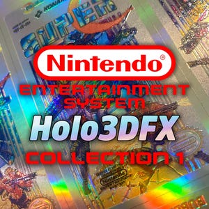 Pode incluir: Cartões de jogo holográficos do Nintendo Entertainment System. Os cartões apresentam o logotipo da Nintendo e o texto "Holo3DFX COLLECTION 1". Os cartões têm uma superfície reflexiva, semelhante ao arco-íris, com imagens de personagens do jogo.
