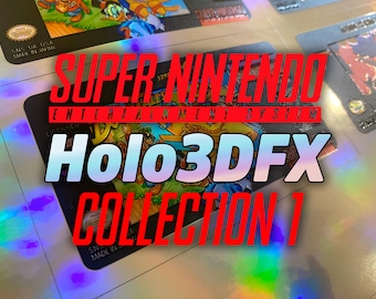 May include: A collection of rectangular holographic stickers featuring Super Nintendo Entertainment System game cartridge labels. The stickers display colorful character artwork, the Nintendo seal of quality, and text including Super Nintendo Entertainment System, Holo3DFX, and Collection 1.