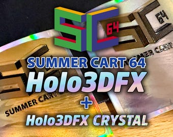 May include: Two rectangular holographic labels featuring the text SUMMER CART 64, Holo3DFX, and Holo3DFX CRYSTAL. A large colorful SC 64 logo is positioned at the top. The labels have a metallic, reflective finish with gold and silver tones.