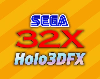 May include: An image with a bright yellow and orange background featuring the SEGA logo in blue and white. Below the logo, the text "32X" is in red, and "Holo3DFX" is in blue and white.