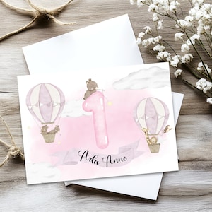 Carte d'anniversaire pour une petite fille spéciale, montgolfières, rose, personnalisée, montgolfière