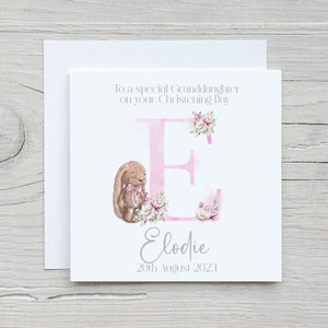 Carte de baptême de A à Z, filles - Lapin mignon, carte alphabet personnalisée