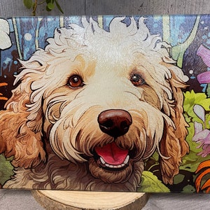 Vibrant Labradoodle glass cutting board, cartoon style modern kitchen decor, dog lover gift, kitchen art