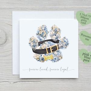 Carte de perte de chien, carte de deuil d'animal de compagnie personnalisée, carte de sympathie de chien, empreinte de patte florale avec collier