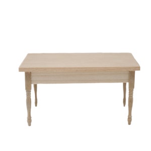 May include: A simple, wooden table with a rectangular top and turned legs. The table is made of light-coloured wood and has a natural finish.