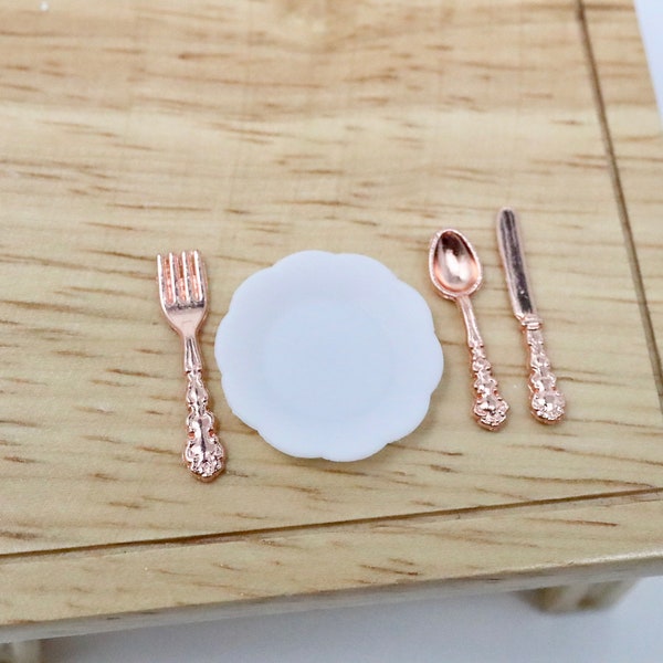 Dollhouse Miniature Silverware Set Miniature Knife Fork Spoon Miniature Kitchenware Miniature Cutlery Rose Gold 1:12 Scale Miniature