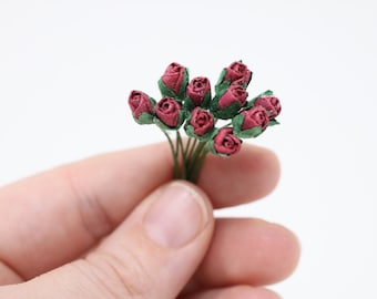 Dollhouse Miniature Rosebuds 10 pieces Dar Red Miniature Roses Miniature Flowers 1:12 Dollhouse Miniature