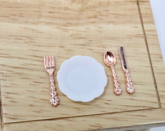 Dollhouse Miniature Silverware Set Miniature Knife Fork Spoon Miniature Kitchenware Miniature Cutlery Rose Gold 1:12 Scale Miniature