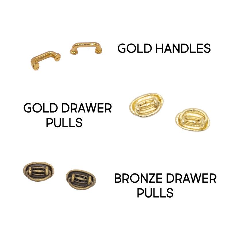 May include: Gold drawer pulls and handles. Two gold drawer pulls are shown, one with a simple design and the other with a more ornate design. Two gold handles are also shown, both with a simple design.