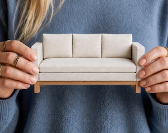 3-Pillow White Sofa Couch | 1:12 Scale Miniature Living Room | Modern Dollhouse Furniture Home Decor