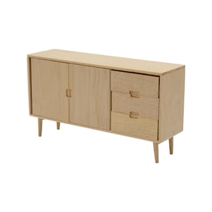 May include: A light wood sideboard with two doors and three drawers. The sideboard has a simple design with a rectangular shape and tapered legs.