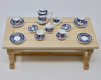 Dollhouse Miniatures Tea Coffee Set Pot Cup Plates Porcelain Blue Flowers 1:12 Dollhouse Miniatures