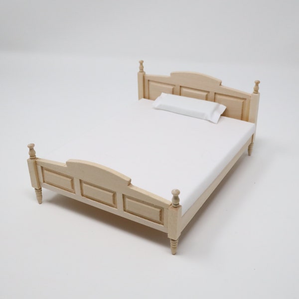 Dollhouse Miniature Unfinished Queen Bed with Mattress Miniature Bed Dollhouse Bed 1:12 Scale Furniture