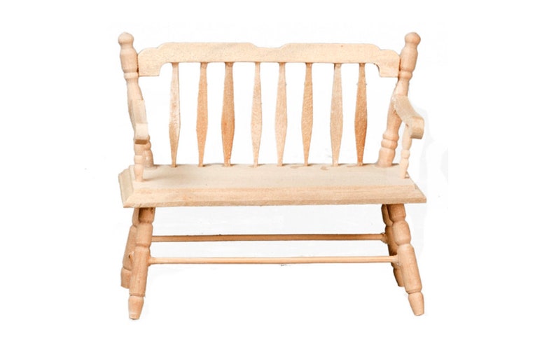 May include: A wooden bench with a slatted back and a simple design. The bench is made of unfinished wood and has a natural color.