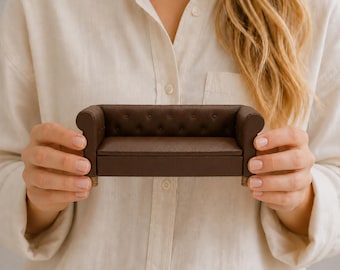 Miniature Leather Couch | 1:12 Scale Dollhouse Brown Tufted Sofa