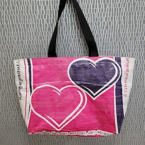 Heart Print Upcycled Rice Sack Tote Bag: Handmade Beach Bag