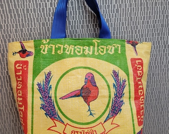 Thai bird upcycled bag ~ recycled ~ large shopping tote ~ canvas lined ~ bird lovers eco gift ~ ooak ~ beach gym market ~ golden pheasant