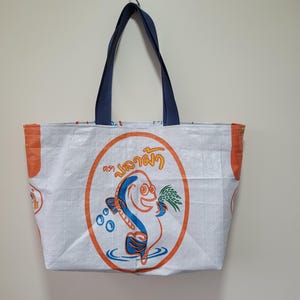 Handmade Upcycled Fish Print Tote Bag: Thai Rice Sack Beach Bag