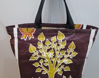 Upcycled thai rice sack shopping bag ~ market tote ~ allotment bag ~ eco friendly gift ~ Thailand recycling ~ tree print gardeners ~ ooak