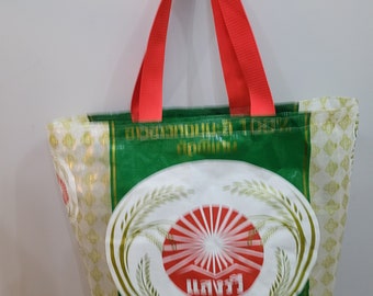 Upcycled thai rice sack shopping bag ~ red green market tote ~ allotment bag ~ eco friendly gift ~ Thailand recycling ~  gardeners ~ ooak