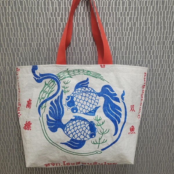 Thai fish upcycled bag ~ recycled ~ large shopping tote ~ animal lovers eco gift ~ ooak ~ beach gym market ~ rice sack ~ goldfish