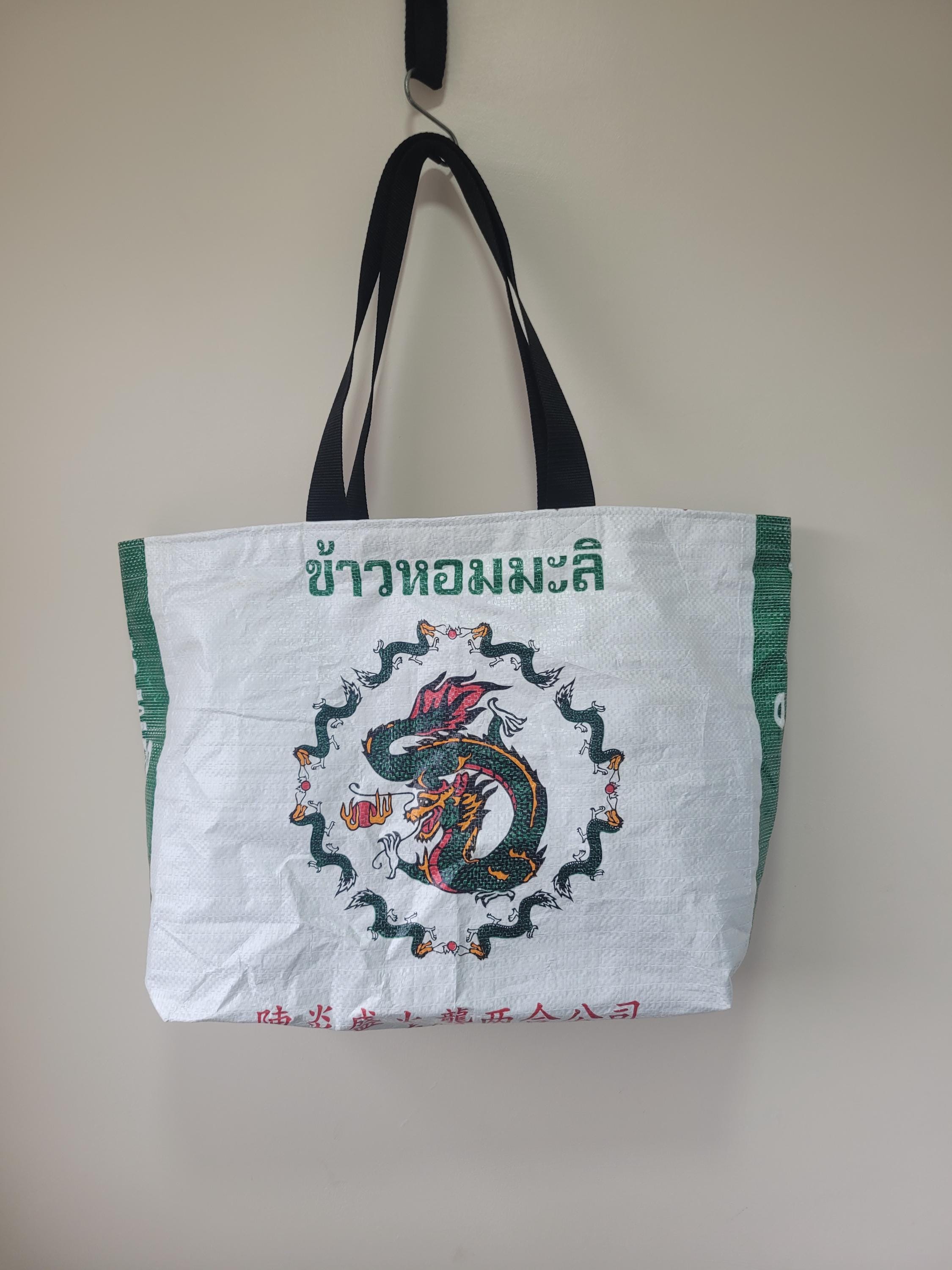 Dragon upcycled bag ~ recycled thai rice sack ~ large shopping tote ~ canvas lined ~ bag for life ~ eco friendly gift ~ gym market
