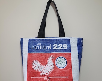 Upcycled Thai Chicken Feed Sack Tote Bag, Handmade Lined Shopper