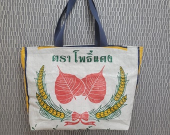 Upcycled shoulder bag ~ fig leaf ~ Thai rice sack ~ large shopping tote ~ canvas lined ~ eco friendly gift ~ one of a kind